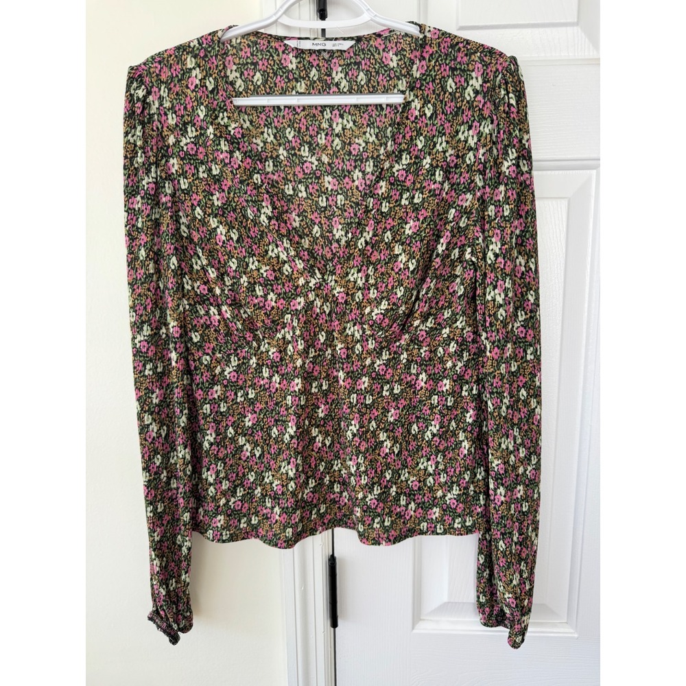 MNG Floral Print Long Sleeve V Neck Smocked Bodice Blouse Women Size L‎